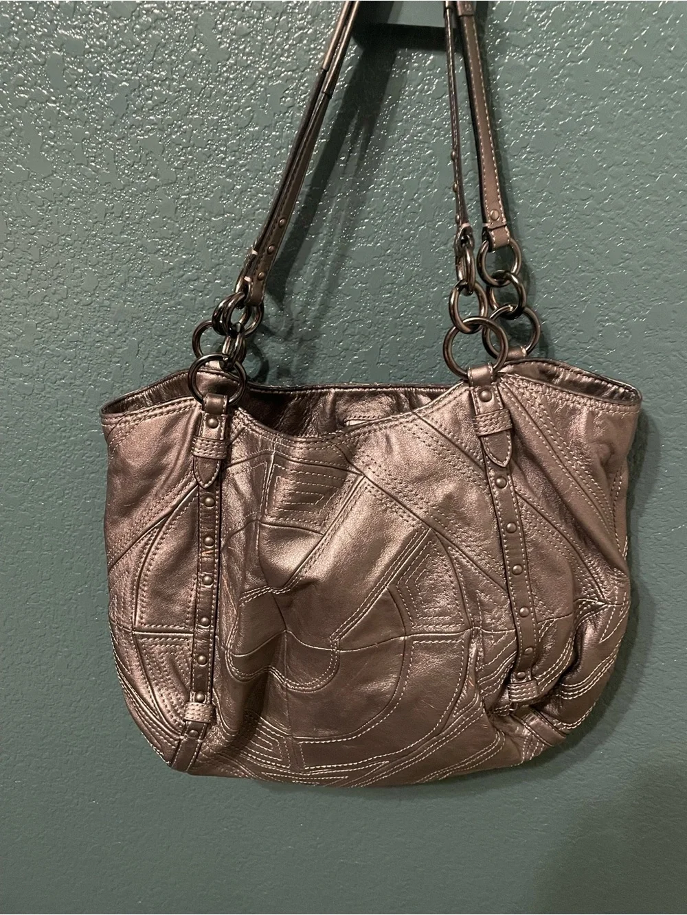 Coach Women's Metallic silver tote Bag with Ring-Detail Straps